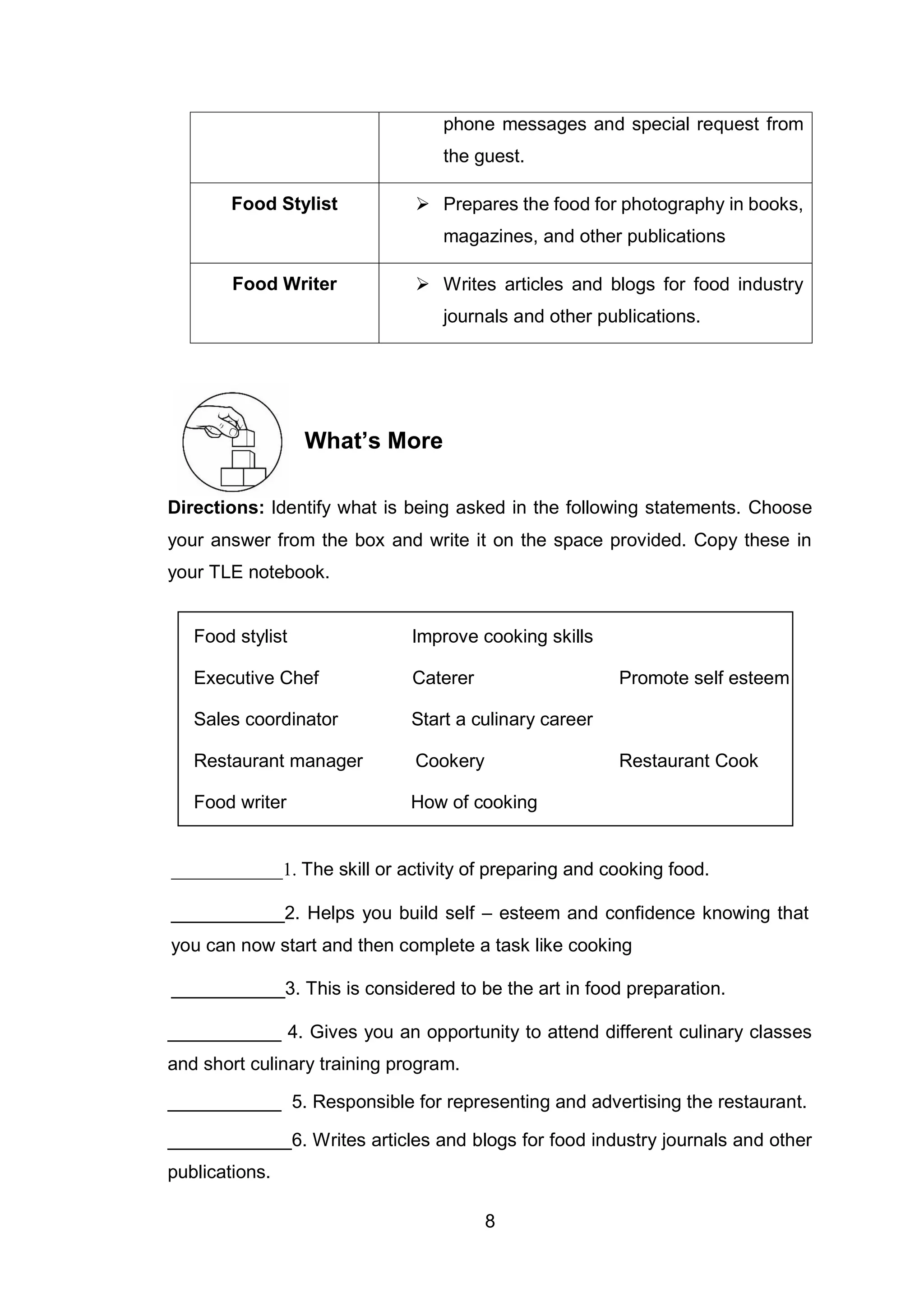 8
phone messages and special request from
the guest.
Food Stylist  Prepares the food for photography in books,
magazines, and other publications
Food Writer  Writes articles and blogs for food industry
journals and other publications.
What’s More
Directions: Identify what is being asked in the following statements. Choose
your answer from the box and write it on the space provided. Copy these in
your TLE notebook.
Food stylist Improve cooking skills
Executive Chef Caterer Promote self esteem
Sales coordinator Start a culinary career
Restaurant manager Cookery Restaurant Cook
Food writer How of cooking
____________1. The skill or activity of preparing and cooking food.
___________2. Helps you build self – esteem and confidence knowing that
you can now start and then complete a task like cooking
___________3. This is considered to be the art in food preparation.
___________ 4. Gives you an opportunity to attend different culinary classes
and short culinary training program.
___________ 5. Responsible for representing and advertising the restaurant.
____________6. Writes articles and blogs for food industry journals and other
publications.
 
