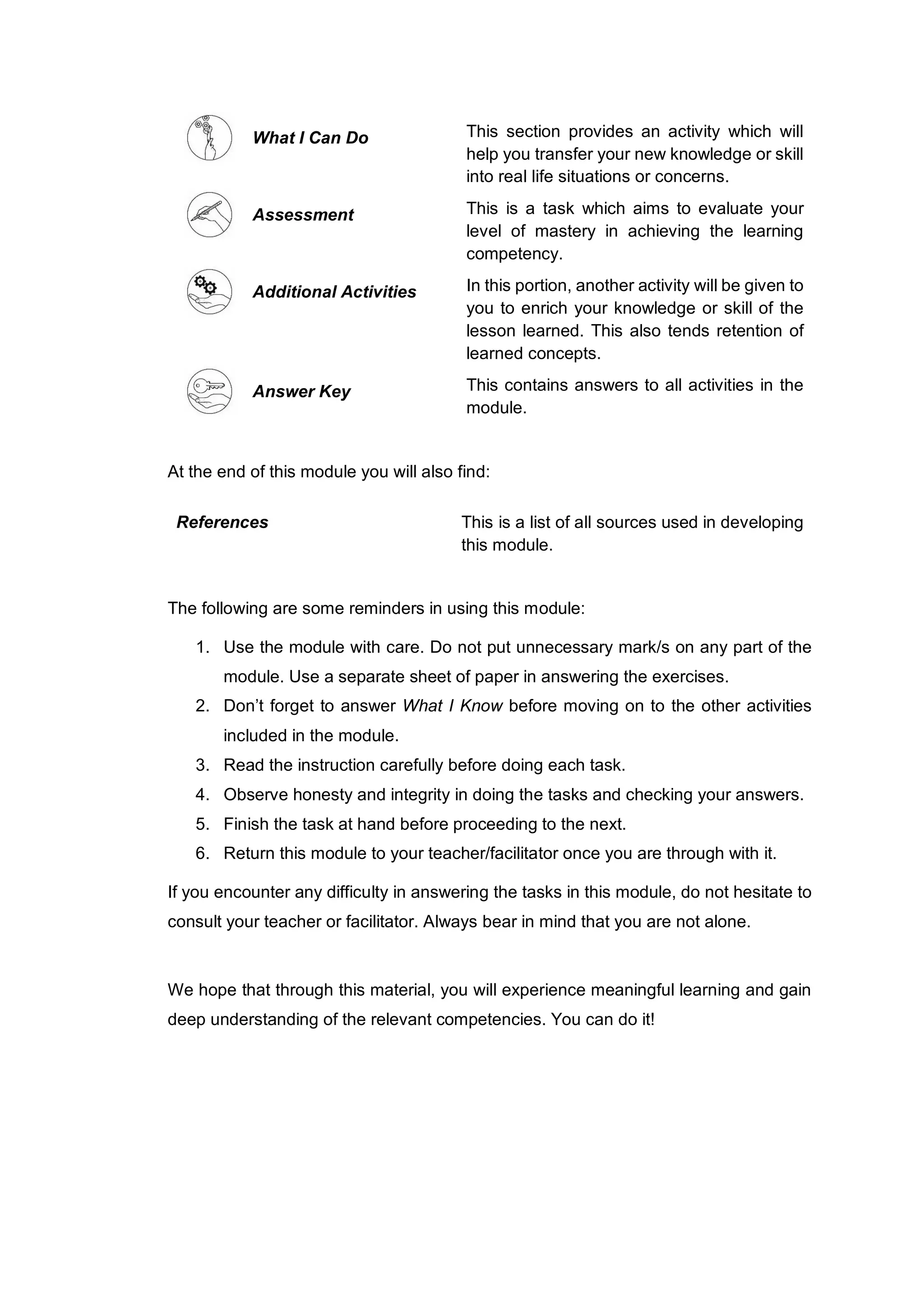 What I Can Do This section provides an activity which will
help you transfer your new knowledge or skill
into real life situations or concerns.
Assessment This is a task which aims to evaluate your
level of mastery in achieving the learning
competency.
Additional Activities In this portion, another activity will be given to
you to enrich your knowledge or skill of the
lesson learned. This also tends retention of
learned concepts.
Answer Key This contains answers to all activities in the
module.
At the end of this module you will also find:
The following are some reminders in using this module:
1. Use the module with care. Do not put unnecessary mark/s on any part of the
module. Use a separate sheet of paper in answering the exercises.
2. Don’t forget to answer What I Know before moving on to the other activities
included in the module.
3. Read the instruction carefully before doing each task.
4. Observe honesty and integrity in doing the tasks and checking your answers.
5. Finish the task at hand before proceeding to the next.
6. Return this module to your teacher/facilitator once you are through with it.
If you encounter any difficulty in answering the tasks in this module, do not hesitate to
consult your teacher or facilitator. Always bear in mind that you are not alone.
We hope that through this material, you will experience meaningful learning and gain
deep understanding of the relevant competencies. You can do it!
References This is a list of all sources used in developing
this module.
 