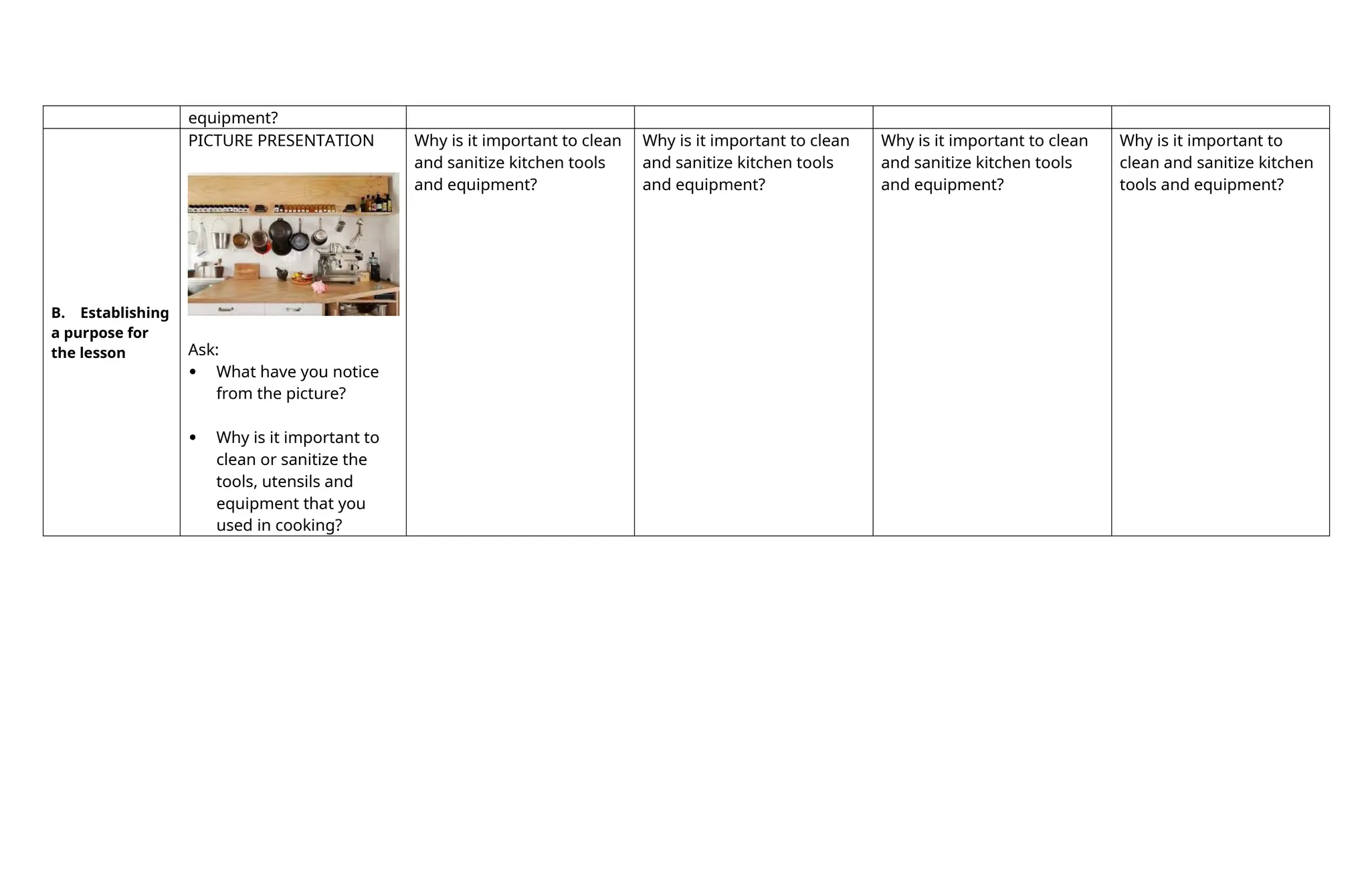equipment?
B. Establishing
a purpose for
the lesson
PICTURE PRESENTATION
Ask:
 What have you notice
from the picture?
 Why is it important to
clean or sanitize the
tools, utensils and
equipment that you
used in cooking?
Why is it important to clean
and sanitize kitchen tools
and equipment?
Why is it important to clean
and sanitize kitchen tools
and equipment?
Why is it important to clean
and sanitize kitchen tools
and equipment?
Why is it important to
clean and sanitize kitchen
tools and equipment?
 
