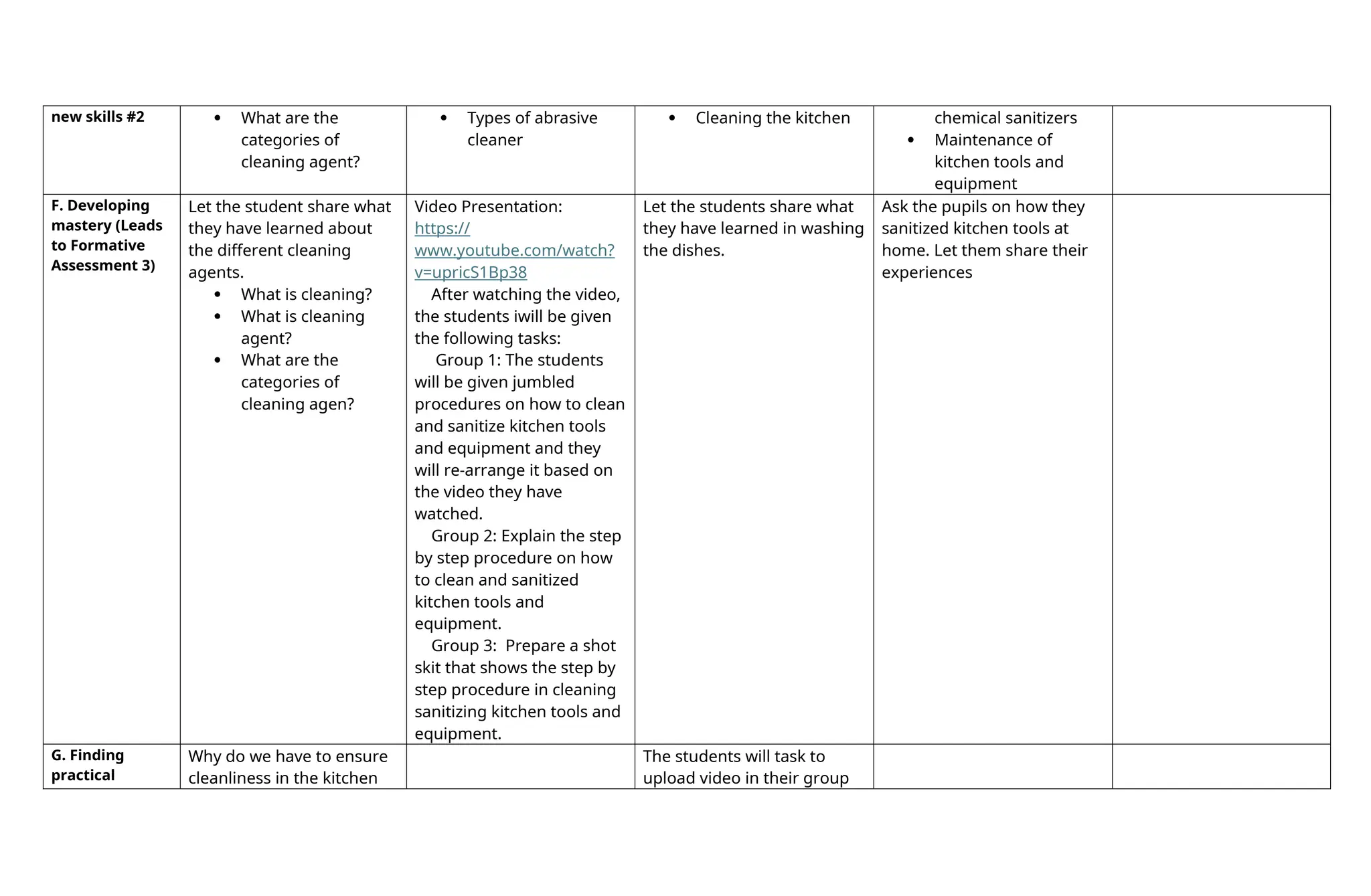 new skills #2  What are the
categories of
cleaning agent?
 Types of abrasive
cleaner
 Cleaning the kitchen chemical sanitizers
 Maintenance of
kitchen tools and
equipment
F. Developing
mastery (Leads
to Formative
Assessment 3)
Let the student share what
they have learned about
the different cleaning
agents.
 What is cleaning?
 What is cleaning
agent?
 What are the
categories of
cleaning agen?
Video Presentation:
https://
www.youtube.com/watch?
v=upricS1Bp38
After watching the video,
the students iwill be given
the following tasks:
Group 1: The students
will be given jumbled
procedures on how to clean
and sanitize kitchen tools
and equipment and they
will re-arrange it based on
the video they have
watched.
Group 2: Explain the step
by step procedure on how
to clean and sanitized
kitchen tools and
equipment.
Group 3: Prepare a shot
skit that shows the step by
step procedure in cleaning
sanitizing kitchen tools and
equipment.
Let the students share what
they have learned in washing
the dishes.
Ask the pupils on how they
sanitized kitchen tools at
home. Let them share their
experiences
G. Finding
practical
Why do we have to ensure
cleanliness in the kitchen
The students will task to
upload video in their group
 