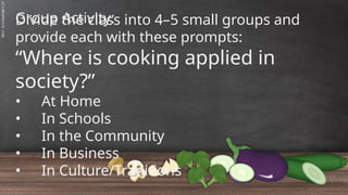 SLIDESMANIA.C
Group Activity:
Divide the class into 4–5 small groups and
provide each with these prompts:
“Where is cooking applied in
society?”
• At Home
• In Schools
• In the Community
• In Business
• In Culture/Traditions
 