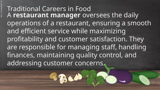 SLIDESMANIA.C
Traditional Careers in Food
A restaurant manager oversees the daily
operations of a restaurant, ensuring a smooth
and efficient service while maximizing
profitability and customer satisfaction. They
are responsible for managing staff, handling
finances, maintaining quality control, and
addressing customer concerns.
 
