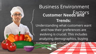 SLIDESMANIA.C
Business Environment
Factors
Customer Needs and
Trends:
Understanding what customers want
and how their preferences are
evolving is crucial. This includes
analyzing demographics, buying
patterns, and adapting products and
services to meet their needs.
 