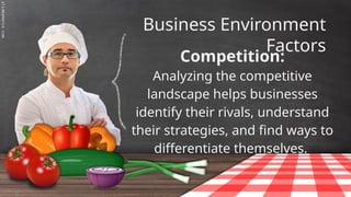 SLIDESMANIA.C
Business Environment
Factors
Competition:
Analyzing the competitive
landscape helps businesses
identify their rivals, understand
their strategies, and find ways to
differentiate themselves.
 