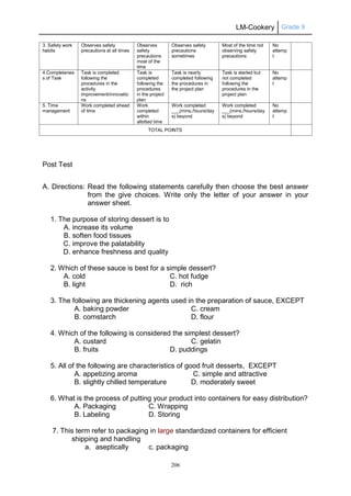 LM-Cookery Grade 9
206
Post Test
A. Directions: Read the following statements carefully then choose the best answer
from the give choices. Write only the letter of your answer in your
answer sheet.
1. The purpose of storing dessert is to
A. increase its volume
B. soften food tissues
C. improve the palatability
D. enhance freshness and quality
2. Which of these sauce is best for a simple dessert?
A. cold C. hot fudge
B. light D. rich
3. The following are thickening agents used in the preparation of sauce, EXCEPT
A. baking powder C. cream
B. cornstarch D. flour
4. Which of the following is considered the simplest dessert?
A. custard C. gelatin
B. fruits D. puddings
5. All of the following are characteristics of good fruit desserts, EXCEPT
A. appetizing aroma C. simple and attractive
B. slightly chilled temperature D. moderately sweet
6. What is the process of putting your product into containers for easy distribution?
A. Packaging C. Wrapping
B. Labeling D. Storing
7. This term refer to packaging in large standardized containers for efficient
shipping and handling
a. aseptically c. packaging
3. Safety work
habits
Observes safety
precautions at all times
Observes
safety
precautions
most of the
time
Observes safety
precautions
sometimes
Most of the time not
observing safety
precautions
No
attemp
t
4.Completenes
s of Task
Task is completed
following the
procedures in the
activity
improvement/innovatio
ns
Task is
completed
following the
procedures
in the project
plan
Task is nearly
completed following
the procedures in
the project plan
Task is started but
not completed
following the
procedures in the
project plan
No
attemp
t
5. Time
management
Work completed ahead
of time
Work
completed
within
allotted time
Work completed
___(mins./hours/day
s) beyond
Work completed
___(mins./hours/day
s) beyond
No
attemp
t
TOTAL POINTS
 