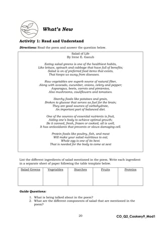 20 CO_Q2_Cookery9_Mod1
MMModule4J
What’s New
Activity 1: Read and Understand
Directions: Read the poem and answer the question below.
Salad of Life
By Irene E. Ganub
Eating salad greens is one of the healthiest habits,
Like lettuce, spinach and cabbage that have full of benefits;
Salad is on of preferred food items that exists,
That keeps us away from diseases.
Raw vegetables are superb source of natural fiber,
Along with avocado, cucumber, onions, celery and pepper;
Asparagus, beets, carrots and pimientos,
Also mushrooms, cauliflowers and tomatoes.
Starchy foods like potatoes and grain,
Broken to glucose that serves as fuel for the brain;
They are good sources of carbohydrate,
An important part of balanced diet.
One of the sources of essential nutrients is fruit,
Aiding one’s body to achieve optimal growth;
Be it canned, fresh, frozen or cooked, all is well,
It has antioxidants that prevents or slows damaging cell.
Protein foods like poultry, fish, and meat
Will make your salad nutritious to eat;
Whole egg is one of its best.
That is needed for the body to come at zest
List the different ingredients of salad mentioned in the poem. Write each ingredient
in a separate sheet of paper following the table template below.
Salad Greens Vegetables Starches Fruits Proteins
Guide Questions:
1. What is being talked about in the poem?
2. What are the different components of salad that are mentioned in the
poem?
 