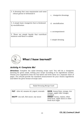 14 CO_Q2_Cookery9_Mod1
3. A dressing that uses mayonnaise and some
robust greens to withstand it
c. vinaigrette dressings
d. emulsification
e. accompaniment
f. simple dressing
4. A simple basic vinaigrette that is thickened
by emulsification.
5. These are simple liquids that contribute
moisture and flavor to salads
What I have learned?
Activity 4: Complete Me!
Directions: Complete the salad dressing recipe card. You will do a vinaigrette
dressing for green salad, writing your recipe according to its ingredients needed.
Choose your ingredients from the box below and write these on a separate sheet of
paper. You should provide the standard measurement for your chosen ingredients
and follow the given format of recipe card.
FAT - olive oil, sesame oil, yogurt, avocado SOUR- lemon/lime, orange, rice
vinegar, apple cider vinegar,
mustard
SALTY- sea salt, fish sauce, soy sauce SWEET- honey, raisins, other
dried fruit, apple slices or other
fresh fruit sugar
Salad Dressing Recipe Card
 