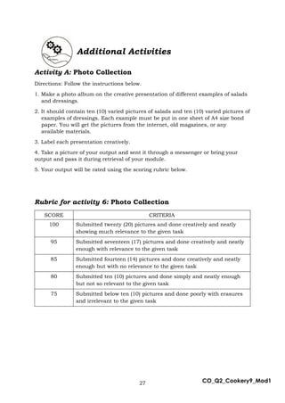 27 CO_Q2_Cookery9_Mod1
Additional Activities
Activity A: Photo Collection
Directions: Follow the instructions below.
1. Make a photo album on the creative presentation of different examples of salads
and dressings.
2. It should contain ten (10) varied pictures of salads and ten (10) varied pictures of
examples of dressings. Each example must be put in one sheet of A4 size bond
paper. You will get the pictures from the internet, old magazines, or any
available materials.
3. Label each presentation creatively.
4. Take a picture of your output and sent it through a messenger or bring your
output and pass it during retrieval of your module.
5. Your output will be rated using the scoring rubric below.
Rubric for activity 6: Photo Collection
SCORE CRITERIA
100 Submitted twenty (20) pictures and done creatively and neatly
showing much relevance to the given task
95 Submitted seventeen (17) pictures and done creatively and neatly
enough with relevance to the given task
85 Submitted fourteen (14) pictures and done creatively and neatly
enough but with no relevance to the given task
80 Submitted ten (10) pictures and done simply and neatly enough
but not so relevant to the given task
75 Submitted below ten (10) pictures and done poorly with erasures
and irrelevant to the given task
 