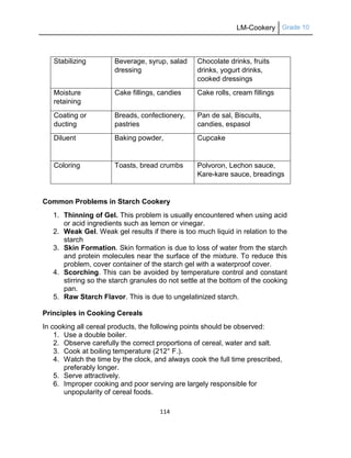 LM-Cookery Grade 10
114
Stabilizing Beverage, syrup, salad
dressing
Chocolate drinks, fruits
drinks, yogurt drinks,
cooked dressings
Moisture
retaining
Cake fillings, candies Cake rolls, cream fillings
Coating or
ducting
Breads, confectionery,
pastries
Pan de sal, Biscuits,
candies, espasol
Diluent Baking powder, Cupcake
Coloring Toasts, bread crumbs Polvoron, Lechon sauce,
Kare-kare sauce, breadings
Common Problems in Starch Cookery
1. Thinning of Gel. This problem is usually encountered when using acid
or acid ingredients such as lemon or vinegar.
2. Weak Gel. Weak gel results if there is too much liquid in relation to the
starch
3. Skin Formation. Skin formation is due to loss of water from the starch
and protein molecules near the surface of the mixture. To reduce this
problem, cover container of the starch gel with a waterproof cover.
4. Scorching. This can be avoided by temperature control and constant
stirring so the starch granules do not settle at the bottom of the cooking
pan.
5. Raw Starch Flavor. This is due to ungelatinized starch.
Principles in Cooking Cereals
In cooking all cereal products, the following points should be observed:
1. Use a double boiler.
2. Observe carefully the correct proportions of cereal, water and salt.
3. Cook at boiling temperature (212° F.).
4. Watch the time by the clock, and always cook the full time prescribed,
preferably longer.
5. Serve attractively.
6. Improper cooking and poor serving are largely responsible for
unpopularity of cereal foods.
 