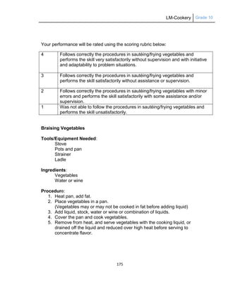 LM-Cookery Grade 10
175
Your performance will be rated using the scoring rubric below:
4 Follows correctly the procedures in sautéing/frying vegetables and
performs the skill very satisfactorily without supervision and with initiative
and adaptability to problem situations.
3 Follows correctly the procedures in sautéing/frying vegetables and
performs the skill satisfactorily without assistance or supervision.
2 Follows correctly the procedures in sautéing/frying vegetables with minor
errors and performs the skill satisfactorily with some assistance and/or
supervision.
1 Was not able to follow the procedures in sautéing/frying vegetables and
performs the skill unsatisfactorily.
Braising Vegetables
Tools/Equipment Needed:
Stove
Pots and pan
Strainer
Ladle
Ingredients:
Vegetables
Water or wine
Procedure:
1. Heat pan, add fat.
2. Place vegetables in a pan.
(Vegetables may or may not be cooked in fat before adding liquid)
3. Add liquid, stock, water or wine or combination of liquids.
4. Cover the pan and cook vegetables.
5. Remove from heat, and serve vegetables with the cooking liquid, or
drained off the liquid and reduced over high heat before serving to
concentrate flavor.
 