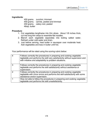 LM-Cookery Grade 10
178
Ingredients:
450 grams zucchini, trimmed
450 grams. carrots, peeled and trimmed
450 grams. celery root, peeled
4tbsp. butter
Procedure:
1. Cut vegetables lengthwise into thin slices. About 1/8 inches thick,
cut into long thin strips to resemble flat noodles.
2. Blanch each vegetable separately into boiling salted water.
Refresh under cold water and drain.
3. Just before serving, heat butter in saucepan over moderate heat.
Add vegetables and toss in butter until hot.
Your performance will be rated using the scoring rubric below:
4 Follows correctly the procedures in preparing and cooking vegetable
tagliatelle and performs the skill very satisfactorily without supervision and
with initiative and adaptability to problem situations.
3 Follows correctly the procedures in preparing and cooking vegetable
tagliatelle and performs the skill satisfactorily without assistance or
supervision.
2 Follows correctly the procedures in preparing and cooking vegetable
tagliatelle with minor errors and performs the skill satisfactorily with some
assistance and/or supervision.
1 Was not able to follow the procedures in preparing and cooking vegetable
tagliatelle and performs the skill unsatisfactorily.
 