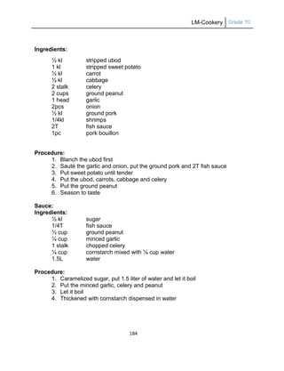 LM-Cookery Grade 10
184
Ingredients:
½ kl stripped ubod
1 kl stripped sweet potato
½ kl carrot
½ kl cabbage
2 stalk celery
2 cups ground peanut
1 head garlic
2pcs onion
½ kl ground pork
1/4kl shrimps
2T fish sauce
1pc pork bouillon
Procedure:
1. Blanch the ubod first
2. Sauté the garlic and onion, put the ground pork and 2T fish sauce
3. Put sweet potato until tender
4. Put the ubod, carrots, cabbage and celery
5. Put the ground peanut
6. Season to taste
Sauce:
Ingredients:
½ kl sugar
1/4T fish sauce
½ cup ground peanut
¼ cup minced garlic
1 stalk chopped celery
¼ cup cornstarch mixed with ¼ cup water
1.5L water
Procedure:
1. Caramelized sugar, put 1.5 liter of water and let it boil
2. Put the minced garlic, celery and peanut
3. Let it boil
4. Thickened with cornstarch dispensed in water
 