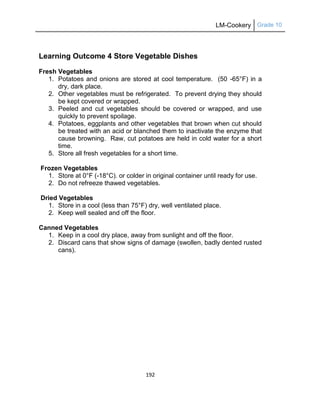 LM-Cookery Grade 10
192
Learning Outcome 4 Store Vegetable Dishes
Fresh Vegetables
1. Potatoes and onions are stored at cool temperature. (50 -65°F) in a
dry, dark place.
2. Other vegetables must be refrigerated. To prevent drying they should
be kept covered or wrapped.
3. Peeled and cut vegetables should be covered or wrapped, and use
quickly to prevent spoilage.
4. Potatoes, eggplants and other vegetables that brown when cut should
be treated with an acid or blanched them to inactivate the enzyme that
cause browning. Raw, cut potatoes are held in cold water for a short
time.
5. Store all fresh vegetables for a short time.
Frozen Vegetables
1. Store at 0°F (-18°C). or colder in original container until ready for use.
2. Do not refreeze thawed vegetables.
Dried Vegetables
1. Store in a cool (less than 75°F) dry, well ventilated place.
2. Keep well sealed and off the floor.
Canned Vegetables
1. Keep in a cool dry place, away from sunlight and off the floor.
2. Discard cans that show signs of damage (swollen, badly dented rusted
cans).
 
