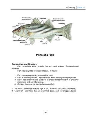 LM-Cookery Grade 10
196
Parts of a Fish
Composition and Structure:
Fish consists of water, protein, fats and small amount of minerals and
vitamins.
Fish has very little connective tissue. It means:
1. Fish cooks very quickly, even at low heat.
2. Fish is naturally tender. High heat will result to toughening of protein.
3. Moist-heat methods are used not to create tenderness but to preserve
moistness and provide variety.
4. Cooked fish must be handled very carefully.
1. Fat Fish -- are those that are high in fat. (salmon, tuna, trout, mackerel)
2. Lean Fish – are those that are low in fat. (sole, cod, red snapper, bass)
 