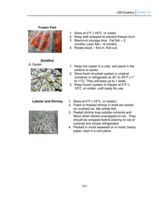 LM-Cookery Grade 10
233
Frozen Fish
1. Store at 0°F (-18°C. or colder.
2. Keep well wrapped to prevent freezer burn
3. Maximum storage time: Fat fish – 2
months; Lean fish – 6 months.
4. Rotate stock – first in, first out.
Shellfish
A. Oyster
1. Keep live oyster in a cold, wet place in the
cartons or sacks.
2. Store fresh shucked oysters in original
container in refrigerator at 30° to 34°F (-1°
to 1°C). They will keep up to 1 week.
3. Keep frozen oysters in freezer at 0°F (-
18°C. or colder, until ready for use.
Lobster and Shrimp 1. Store at 0°F (-18°C. or colder).
2. Fresh or thawed shrimp in shell are stored
on crushed ice, like whole fish.
3. Peeled shrimp lose soluble nutrients and
flavor when stored unwrapped on ice. They
should be wrapped before placing on ice or
covered and simply refrigerated.
4. Packed in moist seaweed or in moist, heavy
paper, kept in a cool place.
 