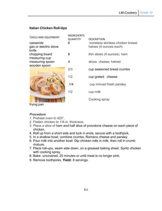 LM-Cookery Grade 10
311
Italian Chicken Roll-Ups
TOOLS AND EQUIPMENT
INGREDIENTS
QUANTITY DESCRIPTION
casserole
gas or electric stove
knife
chopping board
measuring cup
measuring spoon
wooden spoon
frying pan
8
8
4
2/3
1/2
.1/4
1/2
boneless skinless chicken breast
halves (4 ounces each)
thin slices (4 ounces) ham
slices cheese, halved
cup seasoned bread crumbs
cup grated cheese
cup minced fresh parsley
cup milk
Cooking spray
Procedure
1. Preheat oven to 425°.
2. Flatten chicken to 1/4-in. thickness.
3. Place a slice of ham and half slice of provolone cheese on each piece of
chicken.
4. Roll up from a short side and tuck in ends; secure with a toothpick.
5. In a shallow bowl, combine crumbs, Romano cheese and parsley.
6. Pour milk into another bowl. Dip chicken rolls in milk, then roll in crumb
mixture.
7. Place roll-ups, seam side down, on a greased baking sheet. Spritz chicken
with cooking spray.
8. Bake, uncovered, 25 minutes or until meat is no longer pink.
9. Remove toothpicks. Yield: 8 servings.
 