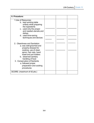 LM-Cookery Grade 10
364
II. Procedure:
1.Use of Resources:
b. kept working table
orderly while preparing
the ingredients
c. used only the proper
and needed utensils and
dishes
d. used time-saving
techniques and devices
2. Cleanliness and Sanitation
a. was well-groomed and
properly dressed for
cooking, use of clean
apron, hair nets, hand
towel and pot holders
b. observed sanitary
handling of food
3. Conservation of Nutrients
a. followed proper
preparation and cooking
procedures
_________
_________
______
________
________
_________
_________
_______
________
________
________
________
________
_______
________
SCORE: (maximum of 42 pts.)
 