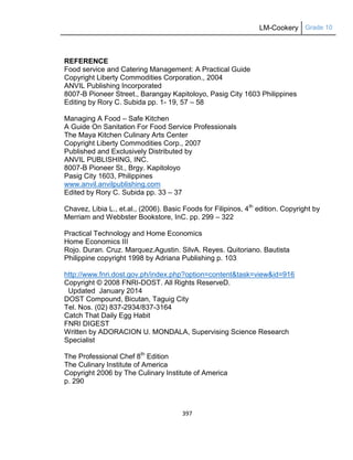 LM-Cookery Grade 10
397
REFERENCE
Food service and Catering Management: A Practical Guide
Copyright Liberty Commodities Corporation., 2004
ANVIL Publishing Incorporated
8007-B Pioneer Street., Barangay Kapitoloyo, Pasig City 1603 Philippines
Editing by Rory C. Subida pp. 1- 19, 57 – 58
Managing A Food – Safe Kitchen
A Guide On Sanitation For Food Service Professionals
The Maya Kitchen Culinary Arts Center
Copyright Liberty Commodities Corp., 2007
Published and Exclusively Distributed by
ANVIL PUBLISHING, INC.
8007-B Pioneer St., Brgy. Kapitoloyo
Pasig City 1603, Philippines
www.anvil.anvilpublishing.com
Edited by Rory C. Subida pp. 33 – 37
Chavez, Libia L., et.al., (2006). Basic Foods for Filipinos, 4th
edition. Copyright by
Merriam and Webbster Bookstore, InC. pp. 299 – 322
Practical Technology and Home Economics
Home Economics III
Rojo. Duran. Cruz. Marquez.Agustin. SilvA. Reyes. Quitoriano. Bautista
Philippine copyright 1998 by Adriana Publishing p. 103
http://www.fnri.dost.gov.ph/index.php?option=content&task=view&id=916
Copyright © 2008 FNRI-DOST. All Rights ReserveD.
Updated January 2014
DOST Compound, Bicutan, Taguig City
Tel. Nos. (02) 837-2934/837-3164
Catch That Daily Egg Habit
FNRI DIGEST
Written by ADORACION U. MONDALA, Supervising Science Research
Specialist
The Professional Chef 8th
Edition
The Culinary Institute of America
Copyright 2006 by The Culinary Institute of America
p. 290
 