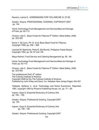 LM-Cookery Grade 10
400
Navarro, Leticia S., HOMEMAKING FOR YOU AND ME III, 27-29
Gisslen, Wayne; PROFESSIONAL COOKING, COPYRIGHT 2007
pp. 154
Home Technology-Food Management and Service,Meat and Storage
of Food, pp. 62-113
Chavez, Lilia C., Basic Foods for Filipinos-4th
Edition, Meat Safety, 2006,
pp. 323-350
Sonia Y. De Leon, Ph. D. et al, Basic Basic Food for Filipinos,
Copyright 1999, pp. 258 – 268
Leonard M. Belmonte, Perla B. Del Mundo, Philippine Fiesta Recipe
Copyright 1993, pp. 82, 87 and 146
Maya Kitchen; Food Service and Catering Management pp. 65 - 66
Home Technology-Food Management and Service,Meat and Storage of
Food, pp. 62-113
Chavez, Lilia C., Basic Foods for Filipinos-4th
Edition, Meat Safety, 2006,
pp. 323-350
The professional Chef, 8th
edition
The Culinary Institute of America
Copyright 2006 by the The Culinary Institute of America
Published by John Wiley and Sons, Inc, Hoboken New Jersey Pages 343-351
Tabbada, Epifania V., et.al. Technology and Home Economics. Reprinted
1997, copyright 1993 by Phoenix Publishing House, Inc. pp. 77 – 80
Ingram, Gays G.;Essential Dictionary of Culinary Arts
pp. 190 – 195
Gisslen, Wayne; Professional Cooking, Copyright 2007
pp. 154
Ingram, Gays G.;Essential Dictionary of Culinary Arts
pp. 190 - 195
Gisslen, Wayne; Professional Cooking, Copyright 2007
 
