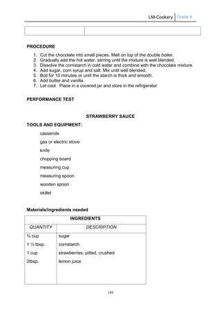 LM-Cookery Grade 9
189
PROCEDURE
1. Cut the chocolate into small pieces. Melt on top of the double boiler.
2. Gradually add the hot water, stirring until the mixture is well blended.
3. Dissolve the cornstarch in cold water and combine with the chocolate mixture.
4. Add sugar, corn syrup and salt. Mix until well blended.
5. Boil for 10 minutes or until the starch is thick and smooth.
6. Add butter and vanilla.
7. Let cool. Place in a covered jar and store in the refrigerator
PERFORMANCE TEST
STRAWBERRY SAUCE
TOOLS AND EQUIPMENT:
casserole
gas or electric stove
knife
chopping board
measuring cup
measuring spoon
wooden spoon
skillet
Materials/ingredients needed
INGREDIENTS
QUANTITY DESCRIPTION
¾ cup
1 ½ tbsp..
1 cup
2tbsp.
sugar
cornstarch
strawberries, pitted, crushed
lemon juice
 
