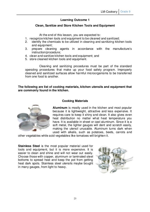 be sanitized and equipment recognize kitchen to and cleaned tools Learning Module Cookery G9
