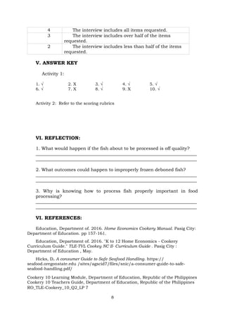 RO_TLE-Cookery_10_Q2_LP 7
8
4 The interview includes all items requested.
3 The interview includes over half of the items
requested.
2 The interview includes less than half of the items
requested.
V. ANSWER KEY
Activity 1:
1. √ 2. X 3. √ 4. √ 5. √
6. √ 7. X 8. √ 9. X 10. √
Activity 2: Refer to the scoring rubrics
VI. REFLECTION:
1. What would happen if the fish about to be processed is off quality?
_______________________________________________________________________
_______________________________________________________________________
2. What outcomes could happen to improperly frozen deboned fish?
_______________________________________________________________________
_______________________________________________________________________
3. Why is knowing how to process fish properly important in food
processing?
_______________________________________________________________________
_______________________________________________________________________
VI. REFERENCES:
Education, Department of. 2016. Home Economics Cookery Manual. Pasig City:
Department of Education. pp 157-161.
Education, Department of. 2016. "K to 12 Home Economics - Cookery
Curriculum Guide." TLE-TVL Cookey NC II- Curriculum Guide . Pasig City :
Department of Education , May.
Hicks, D. A consumer Guide to Safe Seafood Handling. https://
seafood.oregonstate.edu /sites/agscid7/files/snic/a-consumer-guide-to-safe-
seafood-handling.pdf/
Cookery 10 Learning Module, Department of Education, Republic of the Philippines
Cookery 10 Teachers Guide, Department of Education, Republic of the Philippines
 