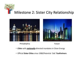 Milestone 2: Sister City Relationship
Philadelphia Tianjin
• Cities with nationally-directed mandates in Clean Energy
• Of...
