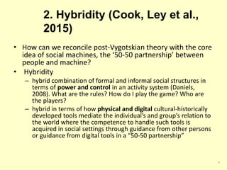 2. Hybridity (Cook, Ley et al.,
2015)
• How can we reconcile post-Vygotskian theory with the core
idea of social machines, the ‘50-50 partnership’ between
people and machine?
• Hybridity
– hybrid combination of formal and informal social structures in
terms of power and control in an activity system (Daniels,
2008). What are the rules? How do I play the game? Who are
the players?
– hybrid in terms of how physical and digital cultural-historically
developed tools mediate the individual’s and group’s relation to
the world where the competence to handle such tools is
acquired in social settings through guidance from other persons
or guidance from digital tools in a “50-50 partnership”
8
 