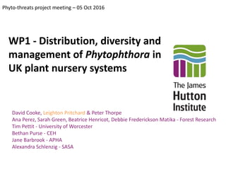 WP1 - Distribution, diversity and
management of Phytophthora in
UK plant nursery systems
Phyto-threats project meeting – 05 Oct 2016
David Cooke, Leighton Pritchard & Peter Thorpe
Ana Perez, Sarah Green, Beatrice Henricot, Debbie Frederickson Matika - Forest Research
Tim Pettit - University of Worcester
Bethan Purse - CEH
Jane Barbrook - APHA
Alexandra Schlenzig - SASA
 
