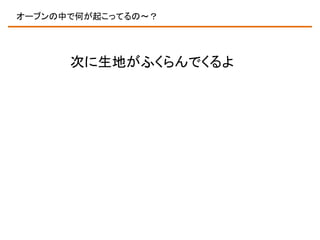 オーブンの中で何が起こってるの～？

次に生地がふくらんでくるよ

 