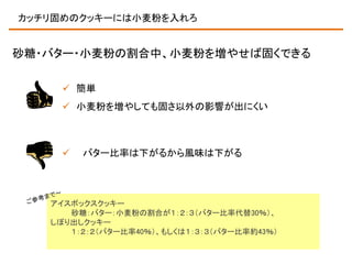 カッチリ固めのクッキーには小麦粉を入れろ

砂糖・バター・小麦粉の割合中、小麦粉を増やせば固くできる
 簡単
 小麦粉を増やしても固さ以外の影響が出にくい



バター比率は下がるから風味は下がる

アイスボックスクッキー
砂糖：バター：小麦粉の割合が１：２：３（バター比率代替30％）、
しぼり出しクッキー
１：２：２（バター比率40％）、もしくは１：３：３（バター比率約43％）

 