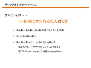 サクサクほろほろクッキーには

グルテンとは・・・・

小麦粉に含まれるたんぱく質
 薄力粉→中力粉→強力粉の順にグルテン量が多い
 粘性、弾力性が高い
 吸水性が高いので、水分の気化を妨げる
低グルテン→ サクッと軽いふくらみのクッキー
高グルテン→ ネッチリ目の詰まったクッキー

 