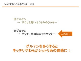 シットリやわらか系クッキーには

低グルテン
→ サクッと軽いふくらみのクッキー
高グルテン
→ ネッチリ目の詰まったクッキー

これだ！

グルテンを多く作ると
ネッチリやわらかシットリ系の質感に！

 