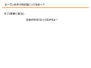 オーブンの中で何が起こってるの～？

すごく簡単に言うと：
生地がゆるくなって広がるよ！

 