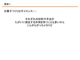 最後に

お菓子つくりはサイエンス・・・

それぞれの材料や手法が
たがいに相反する作用を持つことも多いから
こんがらがっちゃうけど

 