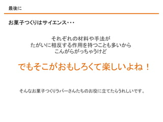 最後に

お菓子つくりはサイエンス・・・

それぞれの材料や手法が
たがいに相反する作用を持つことも多いから
こんがらがっちゃうけど

でもそこがおもしろくて楽しいよね！
そんなお菓子つくりラバーさんたちのお役に立てたらうれしいです。

 