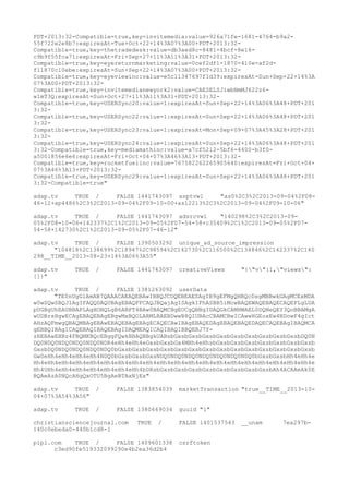 PDT+2013:32-Compatible=true,key=invitemedia:value=926a71fe-1681-4764-b9a2-
55f722e2e8b7:expiresAt=Tue+Oct+22+14%3A07%3A00+PDT+2013:32-
Compatible=true,key=thetradedesk:value=db3aed8c-8481-4bcf-8e16-
c9b9f55fca71:expiresAt=Fri+Sep+27+11%3A11%3A31+PDT+2013:32-
Compatible=true,key=eyereturnmarketing:value=0cef2df1-1870-410e-af2d-
f11870c10ebe:expiresAt=Sun+Sep+22+14%3A07%3A00+PDT+2013:32-
Compatible=true,key=eyeviewinc:value=e5c11347697f1d39:expiresAt=Sun+Sep+22+14%3A
07%3A00+PDT+2013:32-
Compatible=true,key=invitemedianewyork2:value=CAESELSJiwbNmMJ622z6-
w1mT3Q:expiresAt=Sun+Oct+27+11%3A11%3A31+PDT+2013:32-
Compatible=true,key=USERSync20:value=1:expiresAt=Sun+Sep+22+14%3A06%3A48+PDT+201
3:32-
Compatible=true,key=USERSync22:value=1:expiresAt=Sun+Sep+22+14%3A06%3A48+PDT+201
3:32-
Compatible=true,key=USERSync23:value=1:expiresAt=Mon+Sep+09+07%3A45%3A28+PDT+201
3:32-
Compatible=true,key=USERSync24:value=1:expiresAt=Sun+Sep+22+14%3A06%3A48+PDT+201
3:32-Compatible=true,key=mediamathinc:value=a7cf5212-5bf6-4400-b3f0-
a5001856e6e6:expiresAt=Fri+Oct+04+07%3A46%3A13+PDT+2013:32-
Compatible=true,key=rocketfuelinc:value=767582262265905640:expiresAt=Fri+Oct+04+
07%3A46%3A13+PDT+2013:32-
Compatible=true,key=USERSync29:value=1:expiresAt=Sun+Sep+22+14%3A06%3A48+PDT+201
3:32-Compatible=true"
adap.tv TRUE / FALSE 1441743097 asptvw1 "as0%2C3%2C2013-09-04%2F08-
46-12+ap4486%2C3%2C2013-09-04%2F09-10-00+as12213%2C3%2C2013-09-04%2F09-10-06"
adap.tv TRUE / FALSE 1441743097 adsrcvw1 "140298%2C3%2C2013-09-
05%2F08-10-06+142337%2C1%2C2013-09-05%2F07-54-58+c35409%2C1%2C2013-09-05%2F07-
54-58+142730%2C1%2C2013-09-05%2F07-46-12"
adap.tv TRUE / FALSE 1390503292 unique_ad_source_impression
"104818%2C138699%2C18947%2C98594%2C142730%2C116500%2C134846%2C142337%2C140
298__TIME__2013-08-23+14%3A06%3A55"
adap.tv TRUE / FALSE 1441743097 creativeViews "{"v":1,"views":
[]}"
adap.tv TRUE / FALSE 1381263092 userData
"TE0nUgGlAmAB7QAAACAEAQEBAwIBBQJCOQEBEAESAgIB9gEFMgQHBQcDsgMBBwkGAgMCExMDA
w0wSQwSBQJ1AgIFAQQDAQUBAgEBAQFFCAQJBQajAgISAgkIFhASBB5iMcwBAQEWAQEBAQECAQEFLgLUA
pUGBgUhEAUBBAPLAgHOBQLgB6ABFT4BAw0BAQMCBgEOCgQBBgIDAQGkCAMHWAEL0DQNeQEY3QoBBAMgA
wUDBrsHgwECAgEBAQEBAgEBgwMxBQOLARMLBAEBDwwB8QIUBAcCBAMCBwICAwwHGEoxEw4NDowF4gIct
AHzAQFmwgQBAQMBAgEBAwEBAQEBAgEBAgECAQECAwIBAgEBAQEDAgEBAQEBAQEDAQECAQEBAgIBAQMCA
gEBBQIBAgICAQEBAQIBAQEBAgIDAQMEAQICAQIBAQIBBQEBJ7Y-
zREBAwEHBz4FBQMKBQcEBggFQwkBBAQBBgkUABsbGxsbGxsbGxsbGxsbGxsbGxsbGxsbGxsbGxsbDQ0N
DQ0NDQ0NDQ0NDQ0NDQ0NDR4eHh4eHh4eGxsbGxsbGx4MHh4eHhsbGxsbGxsbGxsbGxsbGxsbGxsbGxsb
GxsbDQ0NDQ0NDQ0NDQ0NDQ0bGxsbGxsbGxsbGxsbGxsbGxsbGxsbGxsbGxsbGxsbGxsbGxsbGxsbGxsb
Gw0eHh4eHh4eHh4eHh4NDQ0bGxsbGxsbGxsNDQ0NDQ0NDQ0NDQ0NDQ0NDQ0NDQ0bGxsbGxsbHh4eHh4e
Hh4eHh4eHh4eHh4eHh4eHh4eHh4eHh4eHh4eHh4eHh4eHh4eHh4eHh4eHh4eHh4eHh4eHh4eHh4eHh4e
Hh4UHh4eHh4eHh4eHh4eHh4eHh4eHh4bDRsbGxsbGxsbGxsbGxsbGxsbGxsbGxsbGxsbAh4ACAAeAk0E
BQAeAzA0NQcAHgQxOTU5BgAeBTAxNjEx"
adap.tv TRUE / FALSE 1383854039 marketTransaction "true__TIME__2013-10-
04+07%3A54%3A56"
adap.tv TRUE / FALSE 1380669034 guuid "1"
christiansciencejournal.com TRUE / FALSE 1401537543 __unam 7ea297b-
140c0ebeda0-440b1cd8-1
pipl.com TRUE / FALSE 1409601338 csrftoken
c3ed90fe519332099290e4b2ea36d2b4
 