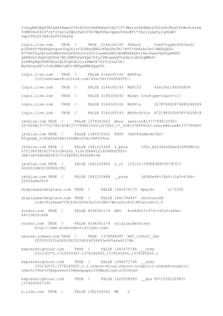 CtGagM8zWqTZNIaHkTRwwnU*8tRI9o9Jm8KwheV1HL*lP*JWatevh8dHAnZ4O2zUGJBxdIPnWo4u4zwX
4tWKUdu041G*rk*2IgvIa9QbzFaDiV5D7Wp8VAatQpxzFnbnWYt*9Zzllyqx5yiqvbgB!
sqyIYEjU2jEAiKaPVthGa0Q
login.live.com TRUE / TRUE 2146165143 PPAuth CnbS*nypMjUO87xoD!
p3ZhROf*Nx8hQvnguw35qJnjzVJC6RxZBNGiKDhOPs3R1!mTC*5bHzAv2w1iWNDZghG!
B*Vd6V2qJwronSsMdtExOyFw2XcoCs2O51sxwmyUBSiMsMKAAFpkcj6ecDqaaVpG0ywHSH!
gX8AUz2JmqCcQUYkh!M0iEMV6ZwY4Qx76fuIYMcqebQVSaUAitzEvUqMWD4!
yvFWfpBQO90BOXSa2QLFrQCGbJlja4Wmtb*Z25CyIx1Cb!
WyZArwyDB7cIcKuNMklaMIr5W9qsNNbGgg6Ch
login.live.com TRUE / FALSE 2146165143 MSPPre
littleshower@outlook.com|42ec56c14600d959||
login.live.com TRUE / FALSE 2146165143 MSPCID 42ec56c14600d959
login.live.com TRUE / FALSE 2146165143 WLOpt credtype=1&act=[1]
login.live.com TRUE / FALSE 2146165143 MSPVis $278784$287688$268289
login.live.com TRUE / FALSE 2146165143 MSPSoftVis @72198325083833620@:@
jetblue.com TRUE / FALSE 1379363063 mbox session#1377789812593-
207600#1377791780|PC#1377789812593-207600.17_02#1378999520|check#true#1377789980
jetblue.com TRUE / FALSE 1380572541 FGVF 36A3FShHAvACVD2-
85zpUgA_rcFOAfeGYmRIV4VxMzIZ5wi5RFYS9ow
jetblue.com TRUE / FALSE 1441225499 s_pers %20s_bk%3D4uZDex9z99OPBCJu
%7C1380381815703%3B%20s_fid%3D6B41214D98FDCF65-
3B471B768D5AF283%7C1440861956968%3B
jetblue.com TRUE / FALSE 1441225465 s_vi [CS]v1|290FB3B405079C47-
6000010BC01089D4[CE]
jetblue.com TRUE / FALSE 1441225488 __psrw 3d380e68-10bf-11e3-b7b6-
22000a8b2f1f
displaymarketplace.com TRUE / FALSE 1441676173 mpackc v1^2200
displaymarketplace.com TRUE / FALSE 1441744847 chintanoDH
cidh=41afeae759183e3245e3a3c2cdb67dbc&dcid=0|881&cidv=1.0
zocdoc.com TRUE / FALSE 4294561174 ABG 8ce8d523-47fc-45c0-a46e-
44110b52c486
zocdoc.com TRUE / FALSE 4294561174 originalReferrer
http://www.moderndentistrydc.com/
secure.indeed.com TRUE / TRUE 1378588387 NSC_tfdvsf_jbe
ffffffff3169202045525d5f4f58455e445a4a42378b
expressnightout.com TRUE / FALSE 1441675748 __utma
231232075.1712633947.1378240065.1378240065.1378240065.1
expressnightout.com TRUE / FALSE 1394371748 __utmz
231232075.1378240065.1.1.utmcsr=bing|utmccn=(organic)|utmcmd=organic|
utmctr=The%20Express%20Newspaper%20Washington%20Post
expressnightout.com TRUE / FALSE 1425938999 __qca P0-1036226983-
1378240067390
h.live.com TRUE / FALSE 1381439302 MR 0
 