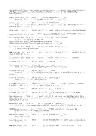 %2BGXk2KoV6k0%2BbNgHlGPp8vDeXaKjcjnIUKlTo29Aa5zztwb1hjBMNDLoJrBNnI9HP2E9JgdOzlhy
CPjO4yzowifnWDXWFY3uonK7KBrdReU2AXu6hmHP0STs16eBy55D%2Bd%2B4cTBfX5H9Dq
%2FUH5qDdH29AgAA
static.addtoany.com TRUE / FALSE 1441916300 __utma
66866668.830975135.1377210449.1378223962.1378480758.3
static.addtoany.com TRUE / FALSE 1394612300 __utmz
66866668.1378480758.3.3.utmcsr=sierraexpressmedia.com|utmccn=(referral)|
utmcmd=referral|utmcct=/
adtech.de TRUE / FALSE 1440631664 JEB2 521651BC6E6516452760CC3AF01129E5
www.entertainmentwise.com TRUE /photos/123891/2/ FALSE 1377748795 UTDP 4
www.voanews.com TRUE / FALSE 1383899789 .ASPXANONYMOUS
E1Lgc4FESZJxLGUcpg45Gr3xKC0M-
oONgpoRWKdIxbDY5radYgsGpmPXKKwBpdLyoCdacuKW5T__8xe-
YQ6ByhkgKWDlH1qKoRMY7xAuS080CyVPnaXU5ovxnOtJl5yuvKW9QA2
www.voanews.com TRUE / FALSE 1409435789 Pangea-NodeId
5Exd9BjkyNteo7pLWhuMYg==
www.voanews.com TRUE / FALSE 1385675793 PangeaVersion =6.14.0.33209
(Aug-6 2013 09:08:53)
www.voanews.com TRUE / FALSE 1377986193 FBManagerData UserId=
nbcnews.com TRUE / FALSE 1393014750 Sample 24
nbcnews.com TRUE / FALSE 1441149177 __utma
14933801.1570381215.1377709670.1377709670.1377713634.2
nbcnews.com TRUE / FALSE 1393845177 __utmz
14933801.1377713634.2.2.utmcsr=msn.com|utmccn=(referral)|utmcmd=referral|
utmcct=/
nbcnews.com TRUE / FALSE 1421273214 grvinsights
c29555404cff6961d82c7f5c270776b6
nbcnews.com TRUE / FALSE 2147749143 __qseg Q_D|Q_T|Q_21809|Q_13268|
Q_13267|Q_1964|Q_1957|Q_1915|Q_384|Q_383|Q_326|Q_320|Q_317
nbcnews.com TRUE / FALSE 1378336380 lsg 0s42988s0
nbcnews.com TRUE / FALSE 1425408606 __qca P0-842939390-1377709674468
travelers.com TRUE / FALSE 1410376970 ad_guid_imp 92b8882e-a6cd-488a-
9ffe-2840b0f6e40b~TraceAgent=IMP&ad_id=304883684&siteAlias=373178598&~09/06/2013
10:23.47.768 AM EDT
travelers.com TRUE / FALSE 1408908619 redUmbrella
EE2376156F73E6FC7CBC6B2F24F9B137C484796A44BE2B5C12652359F071F6E23FC97C1E
910001.log.optimizely.com TRUE / FALSE 1692831359 end_user_id
oeu1377122206906r0.1368571622038393
www.mindfreedom.org TRUE / FALSE 1269661132 __atuvc
13%7C34%2C3%7C35
www.whitepages.com TRUE / FALSE 1409205947 SS_ARE_Override.traceLevel
WARN
www.whitepages.com TRUE / FALSE 1409205948 acudeoSession. %7B
 