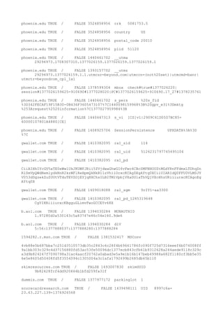 phoenix.edu TRUE / FALSE 3524858956 crk 5081753.5
phoenix.edu TRUE / FALSE 3524858956 country US
phoenix.edu TRUE / FALSE 3524858956 postal_code 20010
phoenix.edu TRUE / FALSE 3524858956 plid 51120
phoenix.edu TRUE / FALSE 1440461702 __utma
29294973.1708307310.1377026159.1377026159.1377026159.1
phoenix.edu TRUE / FALSE 1393157702 __utmz
29294973.1377026159.1.1.utmcsr=beyond.com|utmccn=(not%20set)|utmcmd=banr|
utmctr=beyondcom_cpl_1x1
phoenix.edu TRUE / FALSE 1378599304 mbox check#true#1377026220|
session#1377026159625-910690#1377028020|PC#1377026159625-910690.17_27#1378235761
phoenix.edu TRUE / FALSE 1440461702 s_pers %20s_fid
%3D342FECAF19F15B30-0B436F3605473107%7C1440098159968%3B%20gpv_e31%3Dmktg
%253Arequest%2520information%7C1377027959984%3B
phoenix.edu TRUE / FALSE 1440447313 s_vi [CS]v1|2909C41D0507BC85-
60000107801A4880[CE]
phoenix.edu TRUE / FALSE 1408925706 SessionPersistence UPXDATA%3A%3D
%7C
gwallet.com TRUE / FALSE 1410382095 ra1_sid 114
gwallet.com TRUE / FALSE 1410382095 ra1_uid 5126231797745695104
gwallet.com TRUE / FALSE 1410382095 ra1_pd
CiiAIHhIYcGV5aTE0eWw1UkJKUWFJRii5ZVjdwaGhwGI6vFwo4CBcSMFNHOUZtMGdYRnFFdmxLTDhqZn
RlSmVpQWdNemlydkNnR2kzWFlReHpmQkNkR1lzVhiiOrxcKCAgZEgAYtq0XCiiUIARIdQ0FFU0VLM0JY
V053dDgzekZuZUUtVTduTEVZOjEYjq8XChsILBITM1VpbjVXaDU1aThVQjVXcHhzURiiiurxcKCAgoEg
AYtq0X
gwallet.com TRUE / FALSE 1409018088 ra1_sgm 9rIY1-aa3300
gwallet.com TRUE / FALSE 1410382095 ra1_pd_1285319648
CgYIHRiiiurxcKBgguGLimvFwoGCCEYv68X
b.aol.com TRUE / FALSE 1394030284 MUNAUTHID
1.97280d0a530143c5a83747e46c54e160.9de6
b.aol.com TRUE / FALSE 1394030284 dlV
5:56:1377888037:1377888280:1377888284
1594282.r.msn.com TRUE / FALSE 1381532417 MSConv
4vb88e5b687bba7c251d3510573db35c2843c6c28f4b69661786fc090f725d7316eeef6b074008ff
9a1bb303c329c4d37156880fd53ac53fe50096dc1377ecb843cfb61b9312628a244aede9118c329c
a3d9b824247f7090798a31ac4aacf20762a0abad3e5a9e1b16b147beb49988a682f1180cf3bb5e35
6e5e8605d50408fd5f3554094c1305004a3c1afa1792699b2685db65b110
skimresources.com TRUE / FALSE 1693007830 skimGUID
9b82428fcf4dd920444b1bfd259fa31f
dummis.com TRUE / FALSE 1377977172 parkinglot 1
scorecardresearch.com TRUE / FALSE 1439498111 UID 8997c6a-
23.63.227.139-1376926568
 
