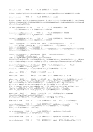 ar.atwola.com TRUE / FALSE 1388619586 cords
MToxMzc3ODg4MDQzOjUsMTM3NzUzNDYxNDo3LDEzNzc4ODgwNDM6OSwxMzc3NzE4MzUxOjEwLDA=
ar.atwola.com TRUE / FALSE 1388619586 corid
MToxMzc3ODg4MDQzOjcsc3Mzbm4ybTlrNywxMzc3Mjc4OTQ1LDEzNzc4ODgwNDM7WXlhZjhGMVQyMFE9
LDE6OSxlZTdmNzU5OWViMTMxMDMwOGQ1OTBiZmZhNDQ2YzYxNSwxMzc3NzE4MzUyLDA6OCxnZ216enk4
aGpvLDEzNzcyNzg5NDUsMA==
telemetryverification.net TRUE / FALSE 1409184047 TRK
14233695198558329478_9166725968636486761
telemetryverification.net TRUE / FALSE 1380240047 TRK30
14233695198558329478_9166725968636486761
telemetryverification.net TRUE / FALSE 1380949142 TRKMONTH
10813532206828398068_3219964685389208347
thehuffingtonpost.trc.taboola.com TRUE /thehuffingtonpost/ FALSE
1409787584 taboola_wt T-1811931806574052713:1377888041151_T-
7138104868871629927:1377718349225_T-
6227490425571814318:1377535113325_T5113047016165521129:1377534728078_T9065648749
045007049:1377534684894
thehuffingtonpost.trc.taboola.com TRUE /thehuffingtonpost/ FALSE
1409787584 taboola_uppc CO-
i2duLKBIPFQAAwEAd0bqPQCXOCrNAGJ_Bhw0Y9KCHDRib-
7sKGJGihw0Y36GHDSIPFQAAgD8dEsAqPyXQ6mg_Ig8VAAAAQB3Av6o_Jbbq6D8iDxUAAIA_HZ_VKj8lr
PFoPyIPFQAAgD8dV8FSPyWIpHQ_Ig8VAACAPx0AAIA_JQAAgD8qDxUAAMBAHdG6j0AlzgqzQDCEyRU
thehuffingtonpost.trc.taboola.com TRUE /thehuffingtonpost/ FALSE
1409434835 taboola_svrii V-
1226325023556891050_V2748219700857910336_V7221413839625261135
adnxs.com TRUE / FALSE 1378933847 sess 1
adnxs.com TRUE / FALSE 1386623447 uuid2 2644615960236338708
adnxs.com TRUE / FALSE 1386623447 anj Kfu=8fG1aVDYS3+0s]#%2LcVTiWd4z$[-
T_g+2't3IMwR>qx'Fh*K4A4pUOrw6La@%oiEdR!jg1*i`dzw@x/2qk2n-C>7P6ZTH?xHJ@QQHN-
PM7]$o8L8dLHb<Zqlch`^MdlQl-'emdaPlyn6!8i*=fnPc>1C>^MGEt^+MpJV72UD8zKy-
R0tfo#jW2$`KkbMo.>ULWMx+<w0C[mtMD?2xiDp+lkV'OmnR%C#iPVKxjpq1jL?
$CeP+3U+G2#zT7_:MImcHJ/MaE.gxP$IN?mMjr(N(rF`:9TI!1ya^gLsO.09x%_P206A3#rZau-
RXa68q)_k.sD02kKNh7tnJLT8P-g.IV5Ub5EKg7#lXv6!>n)9v<3Zt+:F^GoaW1b
%9FGLde8_#5c2+n*LxSkJ!97Co5(gn(O)E_i0y]=YcWx!#AFTU/VbyF!+Y#^kHprS
adnxs.com TRUE / FALSE 1386622351 icu ChII1q0HEAoYAyADKAMw-
PSnkQUKEgiP3wcQChgEIAQoBDCR9KeRBQoSCJy-
CBAKGAMgAygDMKT0p5EFChII9LwJEAoYCCAIKAgwqPSnkQUQ-PSnkQUYEQ..
audienceiq.com TRUE / FALSE 1394143457 uid 8351574757130583075
barackobama.com TRUE / FALSE 1692751427 optimizelySegments %7B
%22226240626%22%3A%22referral%22%2C%22226237894%22%3A%22ie%22%2C
%22226256287%22%3A%22false%22%7D
barackobama.com TRUE / FALSE 1692751381 optimizelyEndUserId
oeu1377027838656r0.007177134491090531
barackobama.com TRUE / FALSE 1692751427 optimizelyBuckets %7B%7D
barackobama.com TRUE / TRUE 1440449038 spud QVURBqThr2lxbLFdkrPS9011
 