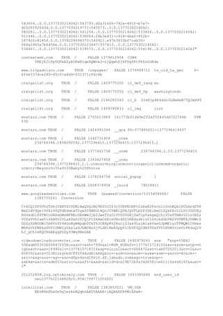 543604..0.0.1377030214042|543793.d0a31666-742a-491f-b7e7-
d2026f920d3d.0.0.1377030219771|543073..0.0.1377030214042|
540281..0.0.1377030214042|541254..0.0.1377030214042|533406..0.0.1377030214042|
551446..0.0.1377030214042|538064.24b3e431-c418-4baf-852b-
18742fc8145f.0.0.1378228694370|543921.e97b3653bf7cab50-
064a2965a7b6456e.0.0.1377030223447|557413..0.0.1377030214042|
538467..0.0.1377030214042|539573..0.0.1377030214042|554196..0.0.1377030214042"
contextweb.com TRUE / FALSE 1379812954 C2W4
38EjEJ1Pp0GFxAZykUPwE1qe8QWnkJ-rjQqwhZj6F0gfRtP8ZnGoEdw
www.tripadvisor.com TRUE /uvpages/ FALSE 1379999712 ts_uid_ta_geo 0-
6f6e537d-e240-45cf-a8d9-031371cf6c6b
craigslist.org TRUE / FALSE 1409775350 cl_def_lang en
craigslist.org TRUE / FALSE 1409775350 cl_def_hp washingtondc
craigslist.org TRUE / FALSE 2146280343 cl_b SIeRjp4K4xGo3LNwHwB75Q3mXP0
craigslist.org TRUE / FALSE 1409780833 cl_img list
enstarz.com TRUE / FALSE 2755013969 161773bf1d49e2f2ef5f445dd722746b VVM
%3D
enstarz.com TRUE / FALSE 1424995346 __qca P0-377485651-1377296414937
enstarz.com TRUE / FALSE 1440731958 __utma
234744394.1838090592.1377296415.1377296415.1377296415.1
enstarz.com TRUE / FALSE 1377661758 __utmb 234744394.2.10.1377296415
enstarz.com TRUE / FALSE 1393427958 __utmz
234744394.1377296415.1.1.utmcsr=bing|utmccn=(organic)|utmcmd=organic|
utmctr=Beyonc%c3%a9%20Baby%20Photos
enstarz.com TRUE / FALSE 1378264758 social_popup 1
enstarz.com TRUE / FALSE 2008379958 _jsuid 78018411
www.googleadservices.com TRUE /pagead/conversion/1015458606/ FALSE
1385755261 Conversion
CtkCQ1ZPZVhUTDhjVXRTZU9ZM1AwQUg1M29EZ0J2S3c5UEFEOHFtUzExR2FscnliUnhBQklPUDdrd05R
NmZiNV9Qel9fX19fQVdESmhxT0gxS09BRUtBQnJ0YWE1QVBJQVFLb0F3SElBeG1ZQkFXcUJLSUJUOUEy
X0UxdDlfRTNCcGRHdGMzMFNKcGNkWmJjb2JweTZzUlVVSG5GNjZwTlpVakgxQ1hiVUxPTmNzV2lrOHZz
VUZxYVhIam5lSkNSV2VLaXZmS2FCQjFtZHAwUkE1eVNrdDZ5REdzdklzV1Z6ckdSbVN2VVFMTEJ0NWt6
UGZySDNOUWl5bHVnT09kUnNyWHpqb0VkT0JCNXpKY2RucjZ3ak9LajA1akVxeUJpME1ycTFMQW1CVmxz
WERsVnFBRkxHV0Y2MXIySkx1aDJhM2NsSjVLdElNeEZpQVlCb0FZQ2dBZTZxZVViEhMIvceUvPKduQIV
hJ_gCh1eKQCRGAEgqPODy93Wq9ReSAE
videodownloadconverter.com TRUE / FALSE 1692979261 anx "xrp=%5EHJ
%5Exdm003%5ES06472%5Eus&xnt=&xh=7996&xi=RUN_RUN&fv=1377615714105&xn=&xrm=&xtp=vh
igh&xct=&xs=16990&lv=1377615718314&xp=vicinio&xrt=S06472&xt=1ab07252013&nv=2&xu=
S06592&xrs=CL3HlLzynbkCFYSf4AodXikAkQ&oc=-&od=none&ob=-&xkw=&om=-&xrco=HJ&ok=-
&xit=&xg=&os=-&g=-&sn=dfprdsndlfe10.df.jabodo.com&xgc=true&op=-
&xbkw=&xrca=xdm003&xrcc=us&xft=&xad=&xcid=dca19b72bfa34d6581ce61110a4d416f&xuer=
1"
201252808.log.optimizely.com TRUE / FALSE 1693345686 end_user_id
oeu1377622148828r0.9541799771056001
intellitxt.com TRUE / FALSE 1383853021 VM_USR
AEsN6mfba0m9gIeaksAQqbsAAD5AAAA+jAQAAAFA6WiA4wA-
 