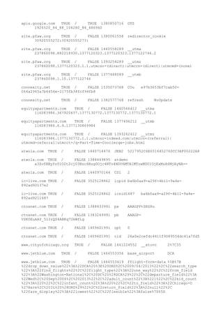 apis.google.com TRUE / TRUE 1380850716 OTZ
1926520_84_88_104280_84_446940
site.pfaw.org TRUE / FALSE 1380061558 redirector_cookie
30920555272:30920555273:
site.pfaw.org TRUE / FALSE 1440558289 __utma
237860098.882218930.1377120323.1377120323.1377122746.2
site.pfaw.org TRUE / FALSE 1393254289 __utmz
237860098.1377120323.1.1.utmcsr=(direct)|utmccn=(direct)|utmcmd=(none)
site.pfaw.org TRUE / FALSE 1377488089 __utmb
237860098.1.10.1377122746
connexity.net TRUE / FALSE 1535073768 COu e97b3653bf7cab50-
064a2965a7b6456e-2175fb38fcf94fb8
connexity.net TRUE / FALSE 1382577768 refresh NoUpdate
equityapartments.com TRUE / FALSE 1440566412 __utma
116083986.367920437.1377130772.1377130772.1377130772.1
equityapartments.com TRUE / FALSE 1377496212 __utmb
116083986.6.9.1377130869984
equityapartments.com TRUE / FALSE 1393262412 __utmz
116083986.1377130772.1.1.utmcsr=indeed.com|utmccn=(referral)|
utmcmd=referral|utmcct=/q-Part-Time-Concierge-jobs.html
atwola.com TRUE / FALSE 1440714476 JEB2 5217952C6E6516452760CC3AF00222A8
atwola.com TRUE / FALSE 1388449895 atdemo
a3ZoYXNyYz01O2t2cj03Nzc6Nzg0Ojc4NTo4NDU6MTA1MToxMDU1OjExMzA6MjAyNA==
atwola.com TRUE / FALSE 1440970144 CS1 2
ic-live.com TRUE / FALSE 3525128862 icpid ba6b0aa9-a29f-4b11-9a4e-
892ad92137e2
ic-live.com TRUE / FALSE 3525128862 icsid1687 ba6b0aa9-a29f-4b11-9a4e-
892ad9211687
ctnsnet.com TRUE / FALSE 1388433991 px AAAGPPtSRZ8u
ctnsnet.com TRUE / FALSE 1383249991 pb AAAGP-
VSK0EuAAY_5lIrQS4ABKq7UkWfLg
ctnsnet.com TRUE / FALSE 1409601991 opt 0
ctnsnet.com TRUE / FALSE 1409601991 cid 26a0e2cefdc4411f9089554dc41a7fd5
www.cityofchicago.org TRUE / FALSE 1441224552 __atuvc 2%7C35
www.jetblue.com TRUE / FALSE 1464553356 base_airport DCA
www.jetblue.com TRUE / FALSE 1464553419 fflight-form-data %5B%7B
%22drop_down_value%22%3A%22DCA%20%3E%20ORD%2C%2009/04/2013%22%2C%22search_type
%22%3A%22find_flights%22%2C%22flight_type%22%3A%22one_way%22%2C%22from_field
%22%3A%22Washington-National%2C%20DC%20%28DCA%29%22%2C%22departure_field%22%3A
%22Wed%2C%20Sep%2004%2C%202013%22%2C%22adult_count%22%3A%221%22%2C%22kid_count
%22%3A%220%22%2C%22infant_count%22%3A%220%22%2C%22to_field%22%3A%22Chicago-O
%27Hare%2C%20IL%20%28ORD%29%22%2C%22return_field%22%3A%22null%22%2C
%22fare_display%22%3A%22lowest%22%2C%22flexible%22%3Afalse%7D%5D
 