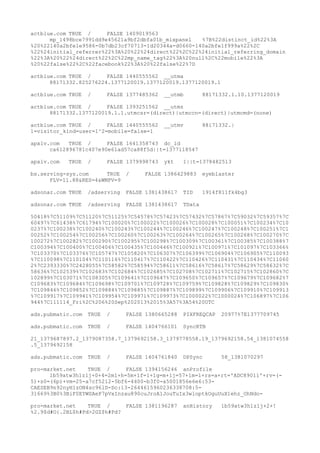 actblue.com TRUE / FALSE 1409019563
mp_1498bce7991dd9e45621a9bf2dbfa01b_mixpanel %7B%22distinct_id%22%3A
%20%22140a2bfe1e9586-0b7db23cf70713-1d20344a-d0660-140a2bfe1f999a%22%2C
%22%24initial_referrer%22%3A%20%22%24direct%22%2C%22%24initial_referring_domain
%22%3A%20%22%24direct%22%2C%22mp_name_tag%22%3A%20null%2C%22mobile%22%3A
%20%22false%22%2C%22facebook%22%3A%20%22false%22%7D
actblue.com TRUE / FALSE 1440555562 __utma
88171332.825276224.1377120019.1377120019.1377120019.1
actblue.com TRUE / FALSE 1377485362 __utmb 88171332.1.10.1377120019
actblue.com TRUE / FALSE 1393251562 __utmz
88171332.1377120019.1.1.utmcsr=(direct)|utmccn=(direct)|utmcmd=(none)
actblue.com TRUE / FALSE 1440555562 __utmv 88171332.|
1=visitor_kind=user=1^2=mobile=false=1
apxlv.com TRUE / FALSE 1641358743 dc_id
ca612896781c407e90e61ad57ca88f5d||t=1377118547
apxlv.com TRUE / FALSE 1379998743 ykt 1||t=1378482513
bs.serving-sys.com TRUE / FALSE 1386429883 eyeblaster
FLV=11.88&RES=4&WMPV=9
adsonar.com TRUE /adserving FALSE 1381438617 TID 1914f811fk4bg3
adsonar.com TRUE /adserving FALSE 1381438617 TData
50418%7C51109%7C51120%7C51125%7C54578%7C57423%7C57432%7C57867%7C59032%7C59357%7C
60497%7C61438%7C61794%7C100020%7C100022%7C100026%7C100028%7C100051%7C100234%7C10
0237%7C100238%7C100240%7C100243%7C100244%7C100246%7C100247%7C100248%7C100251%7C1
00252%7C100254%7C100256%7C100260%7C100263%7C100264%7C100265%7C100268%7C100270%7C
100272%7C100282%7C100290%7C100295%7C100298%7C100309%7C100361%7C100385%7C100388%7
C100394%7C100400%7C100406%7C100435%7C100446%7C100921%7C100971%7C101097%7C103366%
7C103370%7C103376%7C105747%7C105820%7C106307%7C106399%7C106904%7C106905%7C110093
%7C110098%7C110104%7C110116%7C110417%7C110422%7C110426%7C110431%7C110434%7C11060
2%7C2393330%7C2428055%7C58582%7C58594%7C58611%7C58616%7C58617%7C58629%7C58632%7C
58636%7C102539%7C102683%7C102684%7C102685%7C102708%7C102711%7C102715%7C102860%7C
102899%7C103071%7C108305%7C109641%7C109647%7C109650%7C109657%7C109679%7C109682%7
C109683%7C109684%7C109698%7C109701%7C109728%7C109759%7C109828%7C109829%7C109830%
7C109846%7C109852%7C109884%7C109885%7C109887%7C109899%7C109906%7C109910%7C109913
%7C109917%7C109941%7C109954%7C109971%7C109973%7C1000022%7C1000024%7C106897%7C106
944%7C111114_Fri%2C%206%20Sep%202013%2015%3A57%3A54%20UTC
ads.pubmatic.com TRUE / FALSE 1380665288 PIXFREQCAP 20977%7E1377709745
ads.pubmatic.com TRUE / FALSE 1404766101 SyncRTB
21_1379687897.2_1379087358.7_1379692158.3_1379778558.19_1379692158.54_1381074558
.5_1379692158
ads.pubmatic.com TRUE / FALSE 1404761840 DPSync 58_1381070297
pro-market.net TRUE / FALSE 1394156246 anProfile
1b59atw3h1z1j+0+4=2m1+h=5m+1f=1+1g=m+1j=57+1m=1+rs=a+rt='ADC89011'+rv=(-
5)+s0=(6p)+vm=25-a7cf5212-5bf6-4400-b3f0-a5001856e6e6:53-
CAESEB9n92nyH1zON4sc96lD-Dc:13-2644615960236338708:5-
31669%3B0%3BiF0EYWSAeP7pVxInzau890cuJroA1JouTuIx3wloptkOguUuX1ehz_OhNdo-
pro-market.net TRUE / FALSE 1381196287 anHistory 1b59atw3h1z1j+2+!
%2.9$d#O{.2BL$h#Pd>2GZ$h#Pd?
 