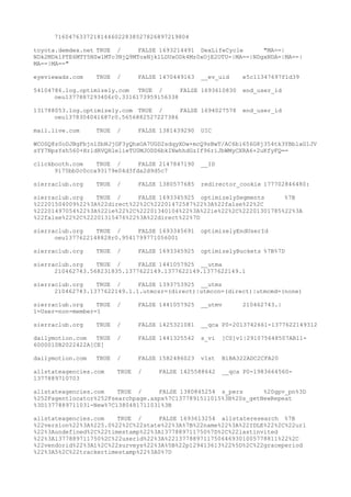 71604763372181446022838527826897219804
toyota.demdex.net TRUE / FALSE 1693214491 DexLifeCycle "MA==|
NDk2MDk1PTE6MTY5NSw1MTc3NjQ9MToxNjk1LDUxODk4Mz0xOjE2OTU=|MA==|NDgxNDA=|MA==|
MA==|MA=="
eyeviewads.com TRUE / FALSE 1470449163 __ev_uid e5c11347697f1d39
54104786.log.optimizely.com TRUE / FALSE 1693610830 end_user_id
oeu1377887293406r0.3316173959156338
131788053.log.optimizely.com TRUE / FALSE 1694027578 end_user_id
oeu1378304041687r0.5656882527227386
mail.live.com TRUE / FALSE 1381439290 UIC
WCOSQ8z0oDJBgFbjnlSbNJjGF3yQhxOA7UGD2sdqyXOw+mcQ9sBwT/AC6bi656G8j354tk3YBblaG1JV
sYY7NpsYsh560+HrldRVQHlelieTU0MJODD6bkINwhhdGzIf96riJbWMyCXRA6+2uKfyFQ==
clickbooth.com TRUE / FALSE 2147847190 __ID
9175bb0c0cca93179e04d3fda2d9d5c7
sierraclub.org TRUE / FALSE 1380577685 redirector_cookie 177702846480:
sierraclub.org TRUE / FALSE 1693345925 optimizelySegments %7B
%22201504009%22%3A%22direct%22%2C%22201472587%22%3A%22false%22%2C
%22201497054%22%3A%22ie%22%2C%22201340104%22%3A%22ie%22%2C%22201301785%22%3A
%22false%22%2C%22201315476%22%3A%22direct%22%7D
sierraclub.org TRUE / FALSE 1693345691 optimizelyEndUserId
oeu1377622148828r0.9541799771056001
sierraclub.org TRUE / FALSE 1693345925 optimizelyBuckets %7B%7D
sierraclub.org TRUE / FALSE 1441057925 __utma
210462743.568231835.1377622149.1377622149.1377622149.1
sierraclub.org TRUE / FALSE 1393753925 __utmz
210462743.1377622149.1.1.utmcsr=(direct)|utmccn=(direct)|utmcmd=(none)
sierraclub.org TRUE / FALSE 1441057925 __utmv 210462743.|
1=User=non-member=1
sierraclub.org TRUE / FALSE 1425321081 __qca P0-2013742661-1377622149312
dailymotion.com TRUE / FALSE 1441325542 s_vi [CS]v1|291075648507AB11-
6000010B2022422A[CE]
dailymotion.com TRUE / FALSE 1582486023 v1st B1BA322ADC2CFA20
allstateagencies.com TRUE / FALSE 1425588642 __qca P0-1983664560-
1377889710703
allstateagencies.com TRUE / FALSE 1380845254 s_pers %20gpv_pn%3D
%252Fagentlocator%252Fsearchpage.aspx%7C1377891511015%3B%20s_getNewRepeat
%3D1377889711031-New%7C1380481711031%3B
allstateagencies.com TRUE / FALSE 1693613254 allstateresearch %7B
%22version%22%3A%225.0%22%2C%22state%22%3A%7B%22name%22%3A%22IDLE%22%2C%22url
%22%3Aundefined%2C%22timestamp%22%3A1377889711750%7D%2C%22lastinvited
%22%3A1377889711750%2C%22userid%22%3A%2213778897117506469301005778811%22%2C
%22vendorid%22%3A1%2C%22surveys%22%3A%5B%22p129413613%22%5D%2C%22graceperiod
%22%3A5%2C%22trackertimestamp%22%3A0%7D
 