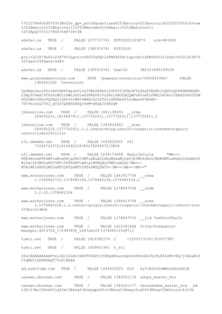 %7C1378483648703%3B%20s_gpv_pn%3Dgrantland%253Astory%253Astoryid%253D7183014-how
%252Bmario%252Bbalotelli%252Bbecame%252Bmario%252Bbalotelli
%253Apg1%7C1378483648718%3B
adsfac.us TRUE / FALSE 1377727741 FSTCG001323879 uid=483692
adsfac.us TRUE / FALSE 1380319741 FSTCG001
pctl=323879&FL323879=2&pctc=49053&FQ=2&FM49054=1&pctm=2&FM49053=1&fpt=0%2C323879
%2C&pct%5Fdate=4983
adsfac.us TRUE / FALSE 1380319741 UserID 982311880149128
www.googleadservices.com TRUE /pagead/conversion/1065825366/ FALSE
1385431262 Conversion
Cp8BQzJwclZ0czBYVXB6YkpJeTlnZ2VBODRDb0JLTFZ2TjRDb3FYLXZqT2NyN21nQVFnQUVBSW9BbENt
Z3NpSV9mX19fXzhCWU1tbWtJbUlwSUFRb0FIVzZKejhBOGdCQWFvRUowX1FRMjU4UXotYXRkZVAzUThW
UUU2WDJ3RGJVQTNaYjZXY3VrMXY4MXA2S25ZT2tuUXFKb0FIa3BmakF3EhMI-
7G5vbuUuQIVUJ_gCh2CQABXGAEgj6eM-d6xpJrGAUgB
jobsonline.com TRUE / FALSE 1441138493 __utma
189095216.1810897811.1377702911.1377702911.1377702911.1
jobsonline.com TRUE / FALSE 1393834493 __utmz
189095216.1377702911.1.1.utmcsr=bing|utmccn=(organic)|utmcmd=organic|
utmctr=jobs%20hilton
nfl.demdex.net TRUE / FALSE 1693820955 nfl
71604763372181446022838527826897219804
nfl.demdex.net TRUE / FALSE 1694173408 DexLifeCycle "MA==|
NTE4NzUwPTE6MTcwMiw0NjQ2NDI9MToxNzA2LDEyMDkwMj0xOjE3MDYsNzk3MDM9MToxNzA2LDUxMzU0
Nj0xOjE3MDYsNDY5NTI5PTE6MTcwNiw1MTMyNzU9MToxNzA2|MA==|
NDk1MDIsNDU2MDIsMTU2NTgsMTU2NTksMTQ3NTU=|MA==|MA==|MA=="
www.motherjones.com TRUE / FALSE 1441917758 __utma
1.1326401710.1378482104.1378482104.1378482104.1
www.motherjones.com TRUE / FALSE 1378847558 __utmb
1.2.10.1378482104
www.motherjones.com TRUE / FALSE 1394613758 __utmz
1.1378482104.1.1.utmcsr=google|utmccn=(organic)|utmcmd=organic|utmctr=(not
%20provided)
www.motherjones.com TRUE / FALSE 1378847570 __jid 7se60oo90ac2r
www.motherjones.com TRUE / FALSE 1410381668 flite-frequency-
manager.6013724_171983496_L667abc2f 1378482125687,1
tumri.net TRUE / FALSE 1410382279 C -1255373160|303077987
tumri.net TRUE / FALSE 1409601991 t_rt1
H4sIAAAAAAAAAFvzloG13JLRnIGBYTUDGPCcYGBgdDhazneQkcnDk4nRkJkrPLE4IzMvvSQ/j4XLwELf
CIgMDI1ZmUKDAQT70u0/AAAA
ad.auditude.com TRUE / FALSE 1693433029 UID ey7vE20vSSWWz3eXsODZJA
usnews.nbcnews.com TRUE / FALSE 1383261176 adops_master_kvs
usnews.nbcnews.com TRUE / FALSE 1383261177 nbcnewsAds_master_kvs pm
%3D1%3Bu%3Dnm92jq5fm%3Bksg%3Dnmyqps29v%3Bksg%3Dnmyr0ud24%3Bksg%3Dm0ccnoi4z%3B
 