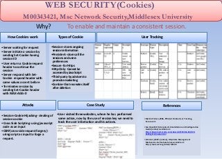 WEB SECURITY(Cookies) M00343421, MscNetwork Security,MiddlesexUniversity 
Why? To enable and maintain a consistent session. 
HowCookieswork 
•Server waiting for request 
•Server initiate a session by sending Set-Cookie having session ID 
•User return a Cookie request header to continue the session 
•Server respond with Set- Cookie respond header with same values as sent before 
•Terminates session by sending Set-Cookie header with MAX-AGE=0 
Types of Cookie 
•Session-stores ongoing session information 
•Persistent-stores all the sessions and users preferences 
•Secure-for Https 
•Http Only-Cannot be accessed by JavaScript 
•Third-party-by advisers to promote marketing 
•Zombie-that recreates itself after deletion 
User Tracking 
Attacks 
•Session-Cookie Hijacking-stealing of session cookie 
•Cross Side Scripting-using javascriptcode as an input 
•CSRF(cross-side request forgery)- using script as input to forge a request. 
Case Study 
•User visited three websites, where he has performed some action, now by the use of session key we need to track the user information and his actions. 
References 
•Martin Elsman,2006, Efficient Online User Tracking, Zecure.com 
•Sun OpenSSOEnterprise 8.0 Installation and Configuration Guide.[online] Available at: http://download.oracle.com/docs/cd/E19316-01/820- 3320/ghtzf/index.html 
•D.Kristol,(1997).[online], Http State Management Mechanism, Bell Laboratories,Availableat: http://tools.ietf.org/html/rfc2109 