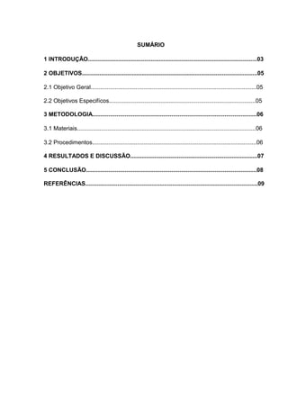 SUMÁRIO
1 INTRODUÇÃO.........................................................................................................03
2 OBJETIVOS.............................................................................................................05
2.1 Objetivo Geral.......................................................................................................05
2.2 Objetivos Especifícos...........................................................................................05
3 METODOLOGIA......................................................................................................06
3.1 Materiais...............................................................................................................06
3.2 Procedimentos......................................................................................................06
4 RESULTADOS E DISCUSSÃO...............................................................................07
5 CONCLUSÃO..........................................................................................................08
REFERÊNCIAS...........................................................................................................09
 