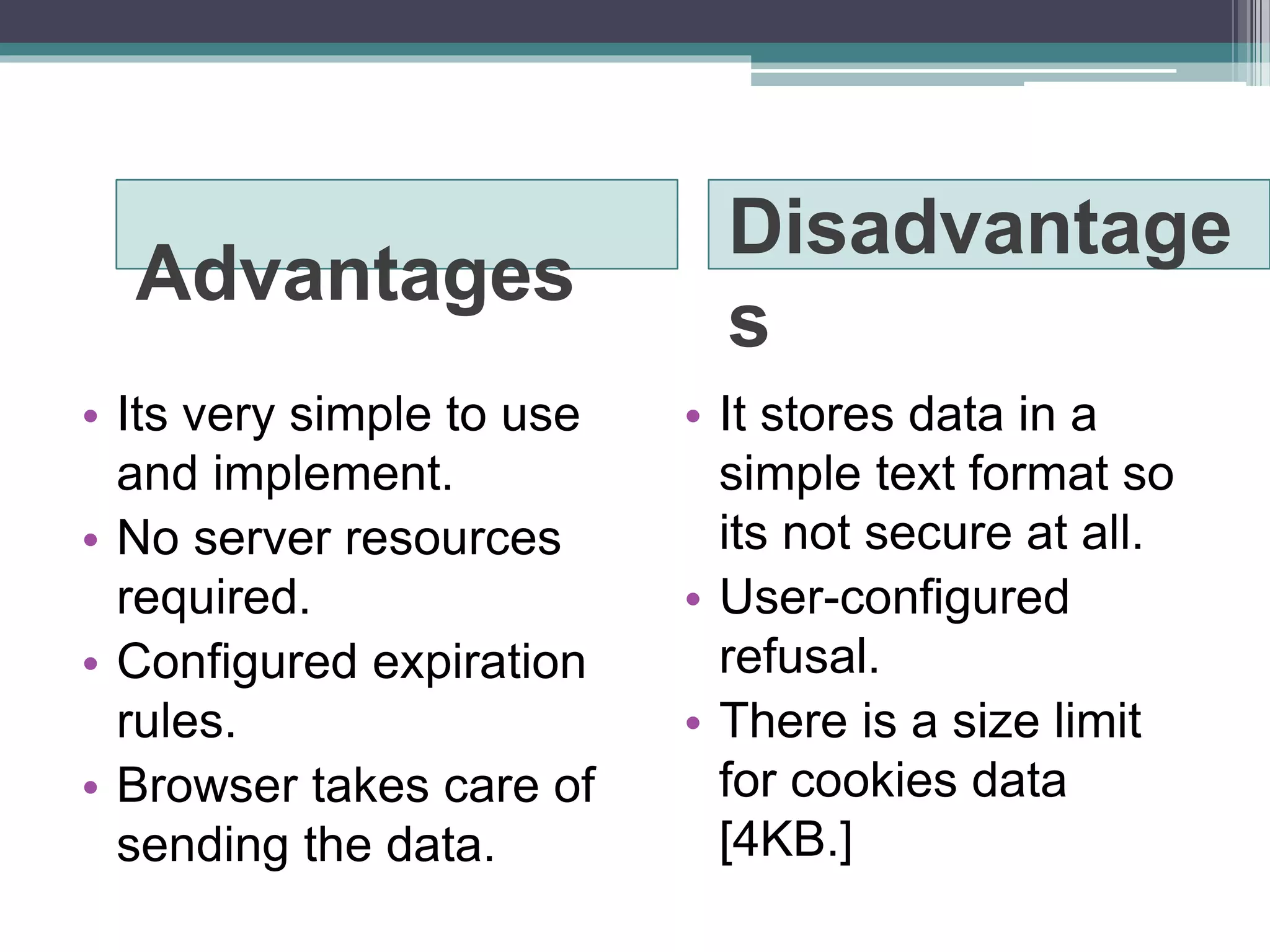 Advantages
Disadvantage
s
• Its very simple to use
and implement.
• No server resources
required.
• Configured expiration
rules.
• Browser takes care of
sending the data.
• It stores data in a
simple text format so
its not secure at all.
• User-configured
refusal.
• There is a size limit
for cookies data
[4KB.]
 