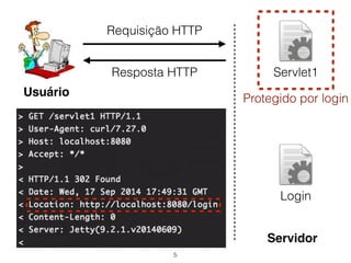 5 
Usuário 
Servlet1 
Protegido por login 
Login 
Servidor 
Requisição HTTP 
Resposta HTTP 
 